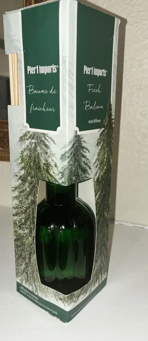Pier 1 Imports Christmas Reed Diffuser Fresh Balsam New Green Glass